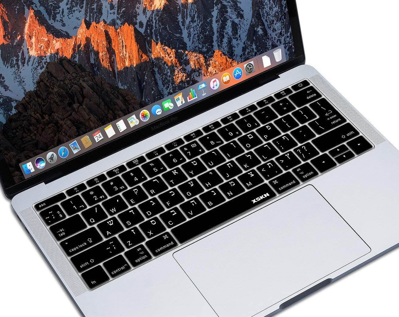 XSKN Hebrew Silicone Keyboard Skin Cover for MacBook Pro 13 (2016 Model A1708, Flat Key, No Touch Bar) and Macbook 12 (2015 Model A1534), US EU Version (Black)