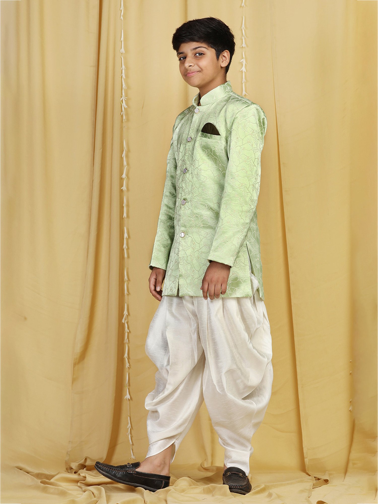 AJ Dezines Kids Green & White Printed Full Sleeves Sherwani with Salwar