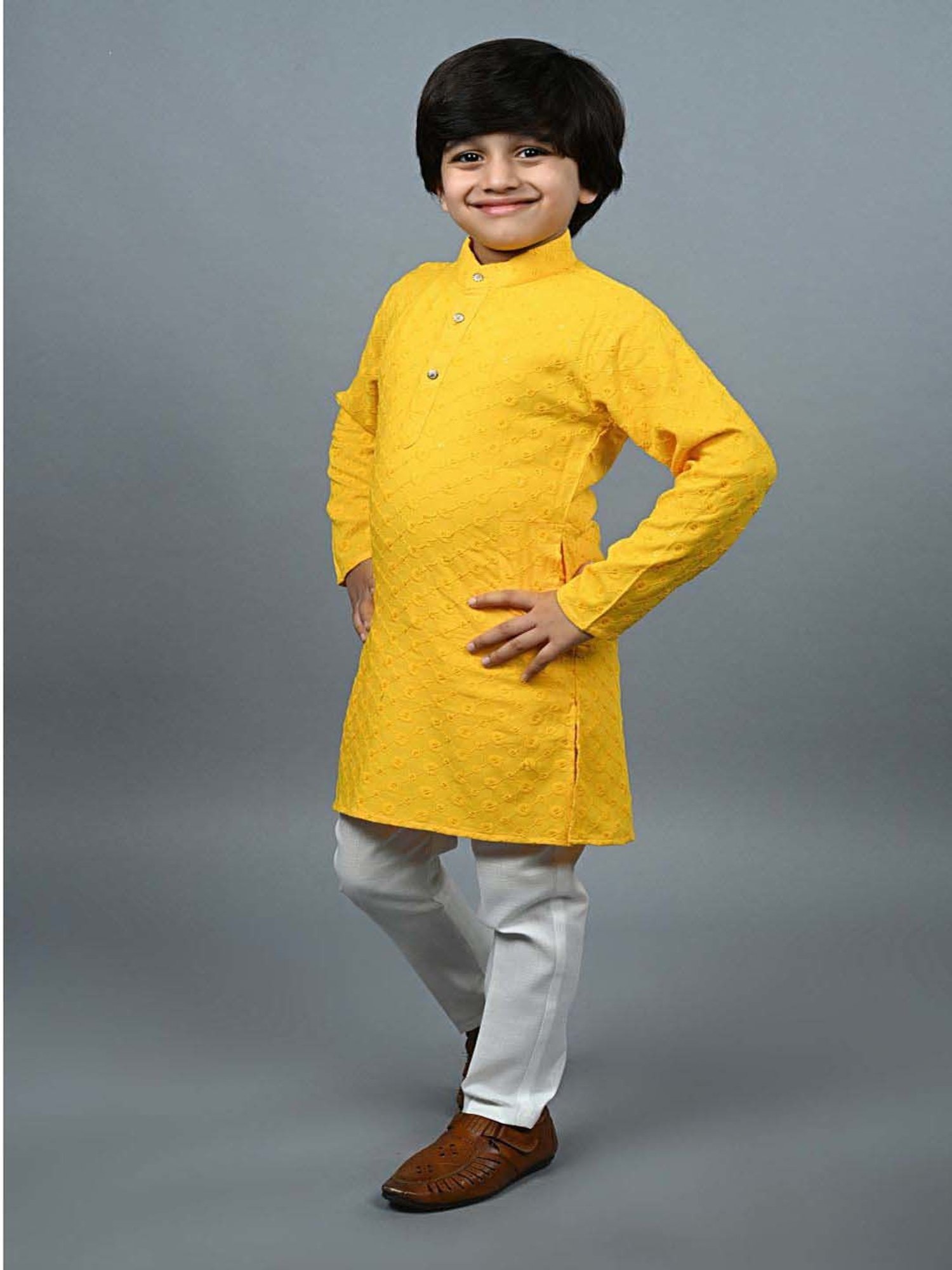 Ahhaaaa Kids Yellow & White Cotton Embroidered Full Sleeves Kurta Set