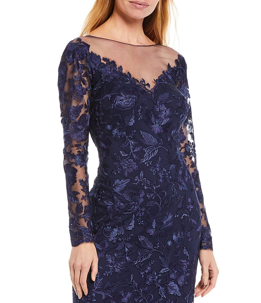 Tadashi Shoji Long Sleeve Illusion Neck Floral Embroidered V-Back Lace Gown