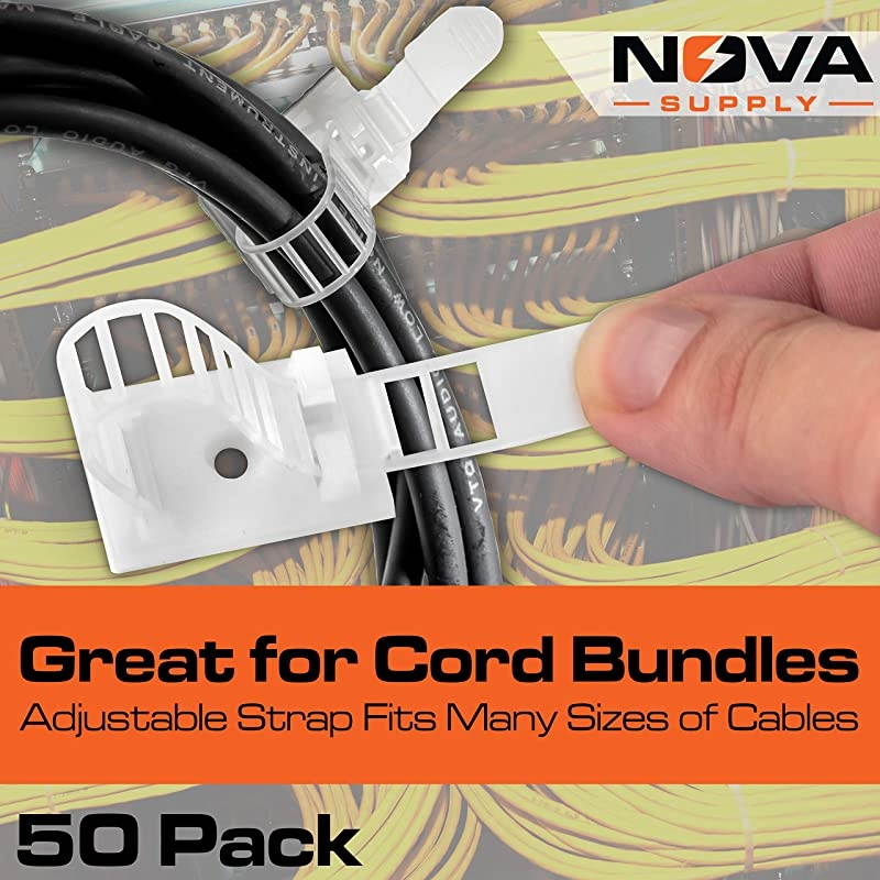 AdhesiveBacked Cable Straps 50 Pack HighStrength White Clamps for Electrical Wire Management and Organization ToolFree Installation for Home Or Office ScrewMount for Permanent Hold