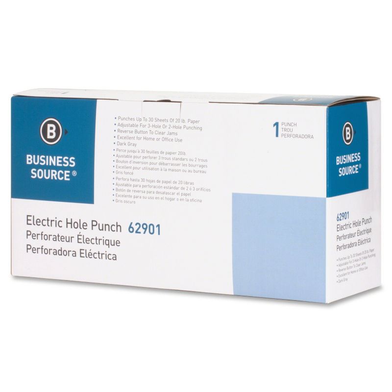 Business Source Electric Adjustable 3-hole Punch - 30 Sheet Capacity - 1/4" Punch Size - Gray