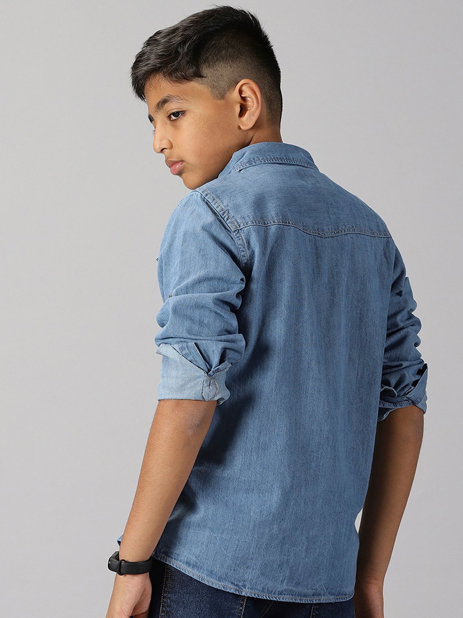 Kiddopanti Kids Blue Solid Full Sleeves Denim Shirt