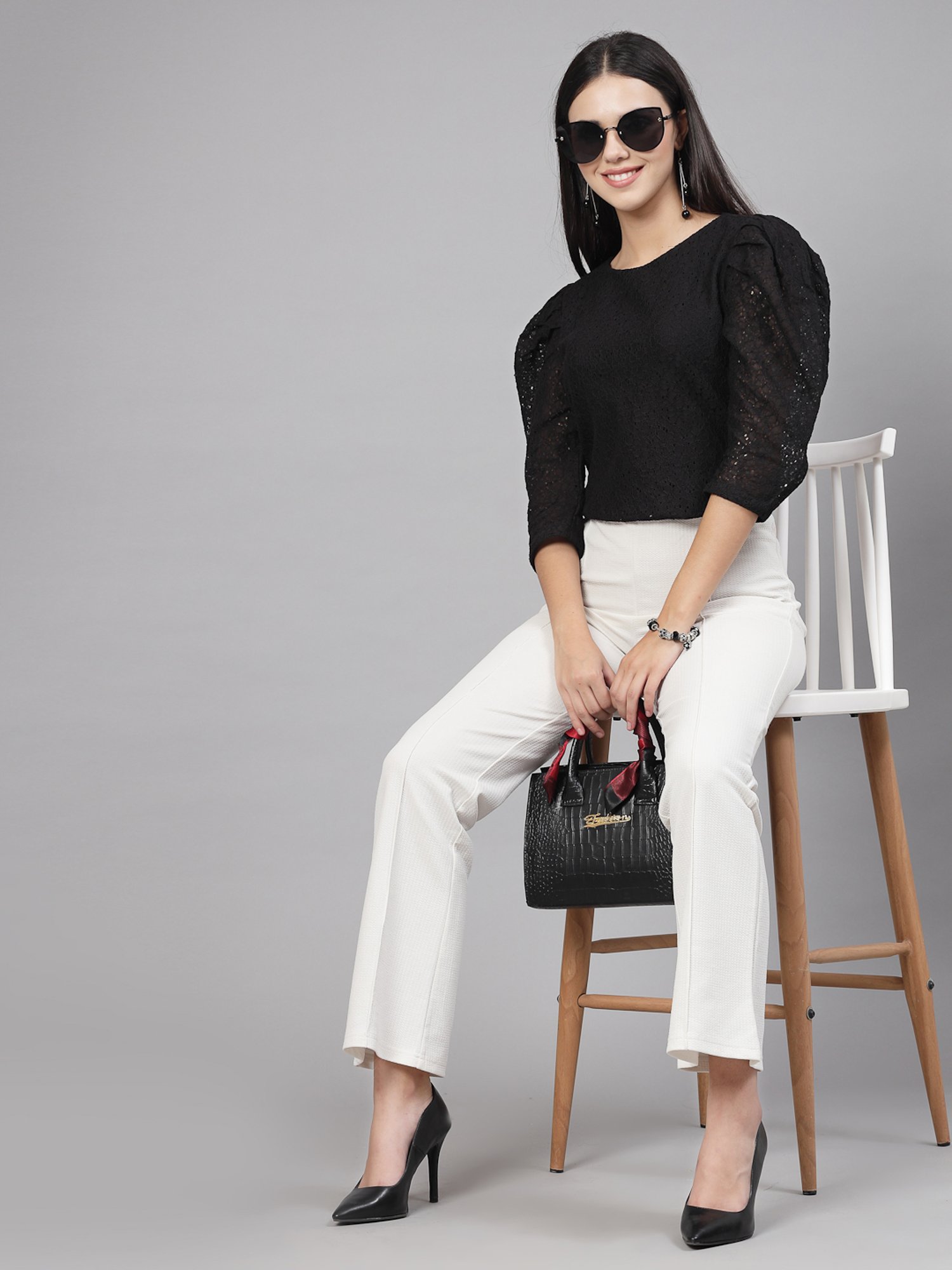 Style Quotient Black Cotton Self Design Top