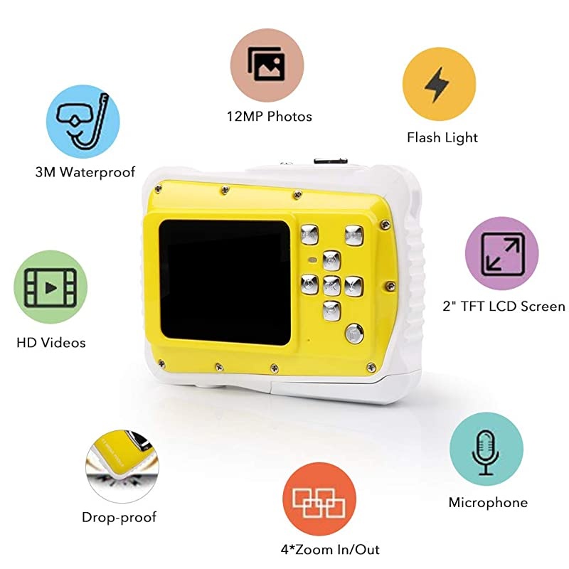 Waterproof Mini Kid Camera High Definition 12MP HD 3M Underwater Swimming Digital Camera Camcorder 20 Inch LCD Display Yellow