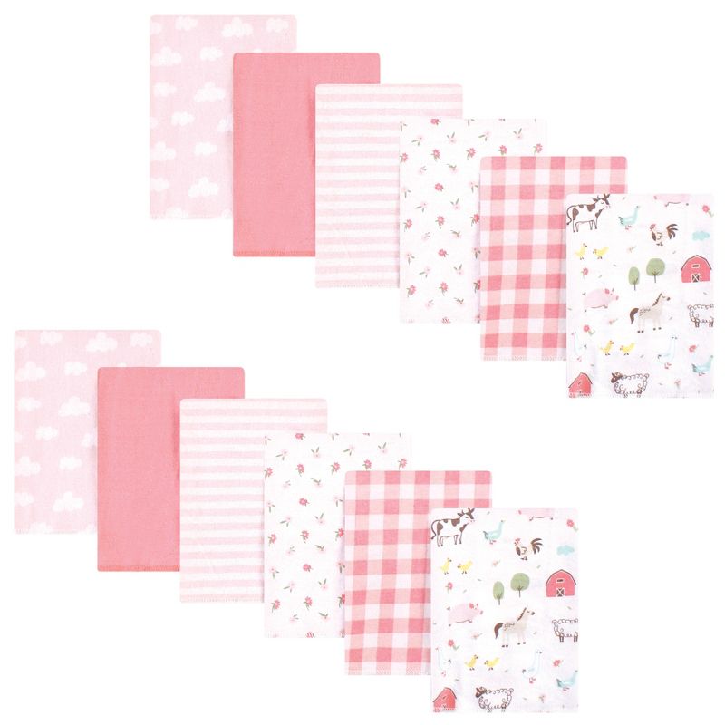 Hudson Baby Infant Girl Cotton Flannel Burp Cloths Bundle, Girl Farm Animals, One Size