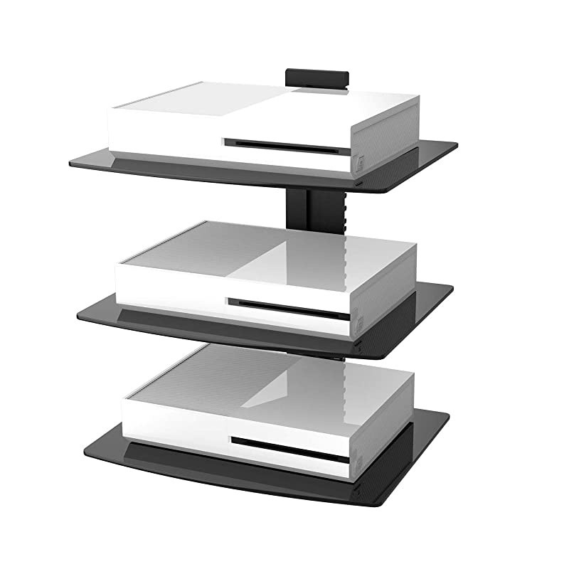 CS303B Floating Wall Mounted Shelf with Strengthened Tempered Glasses for DVD Players,Cable Boxes, Games Consoles, TV Accessories, 3 Shelf, Black