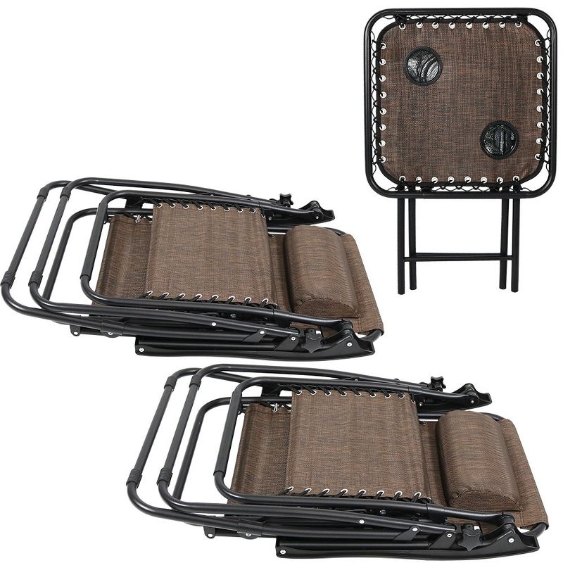 Sunnydaze Zero Gravity Reclining Lounge Chairs with Pillows and Cup Holders and Matching Table with Built-In Cup Holders - Dark Brown - 3-Piece Set