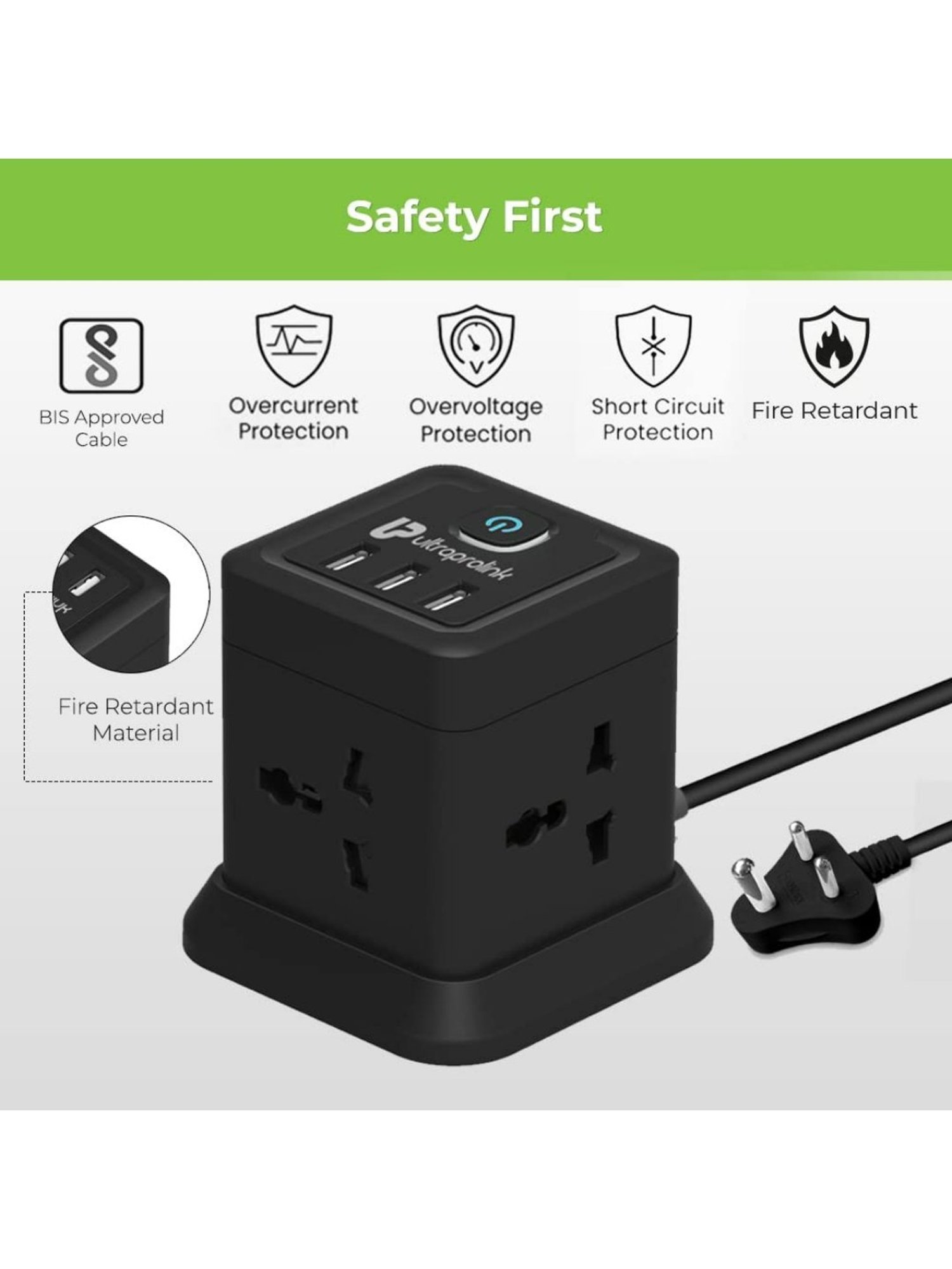 UltraProlink Qube Desktop Surge Protector with QC3.0 & 20W Power Delivery Port (Black)