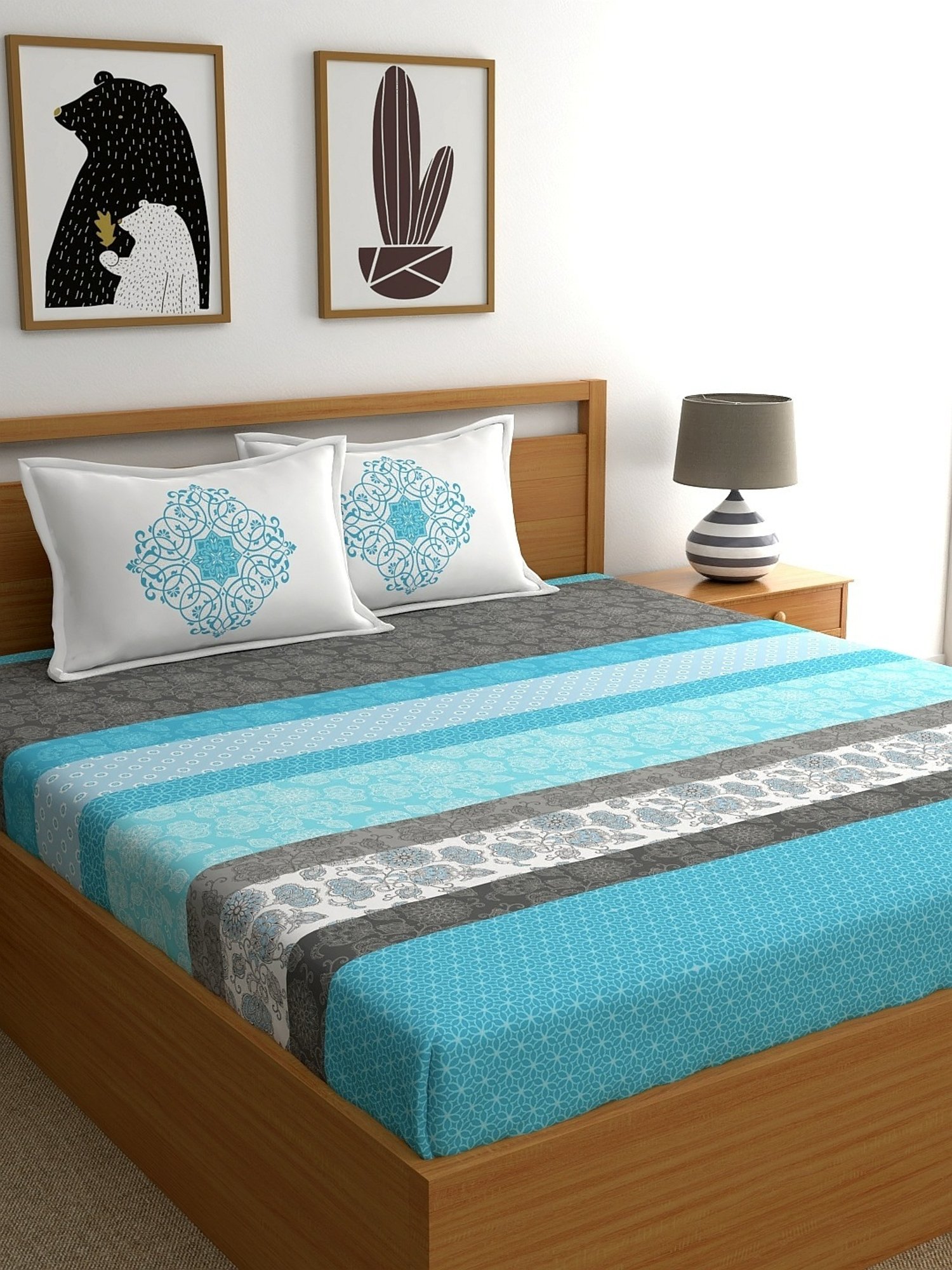 My Room Floral Light Blue 140 TC Cotton Fitted King Bed Sheet with 2 Pillow Covers