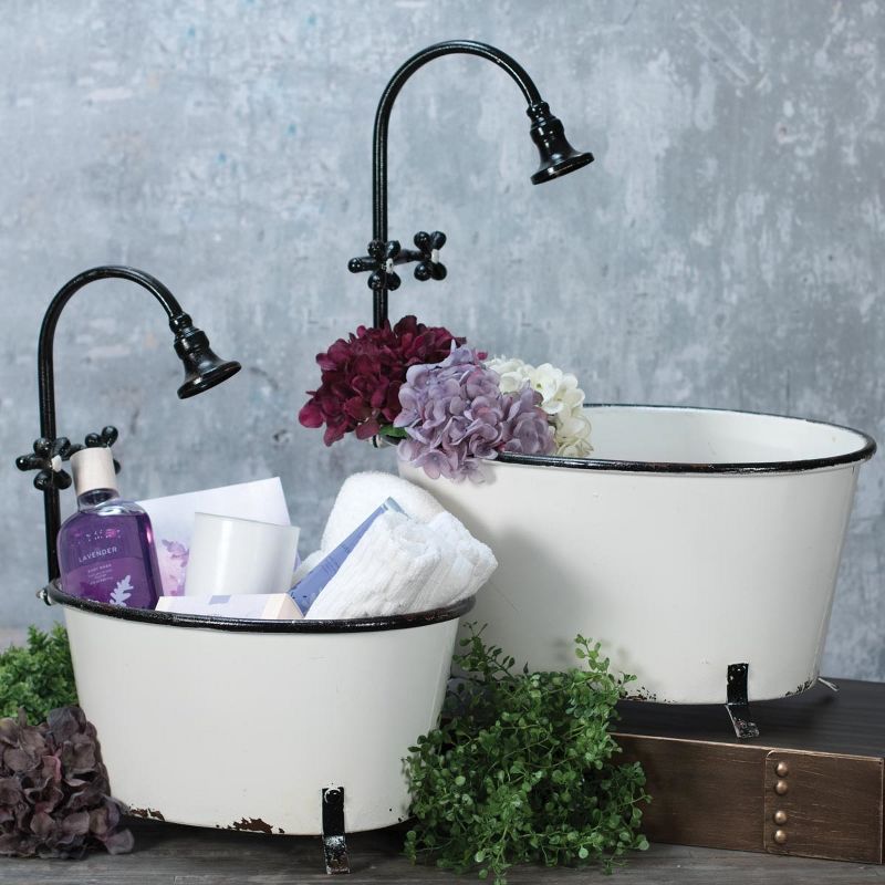 Set of 2 Black Rim White Enamel Bathtub Planters - Foreside Home & Garden