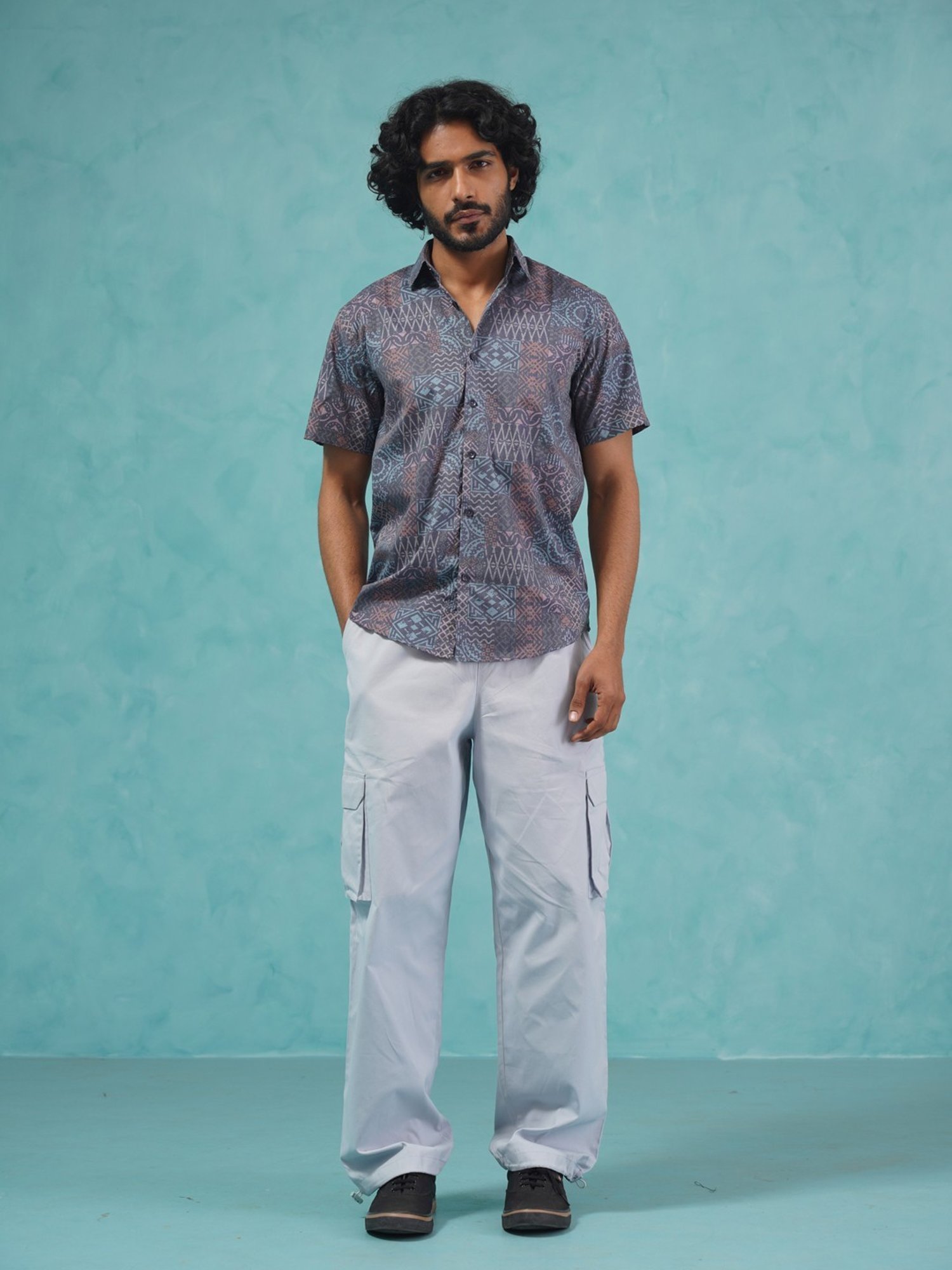 Indian Needle Grey Cotton Regular Fit Printed Shirt