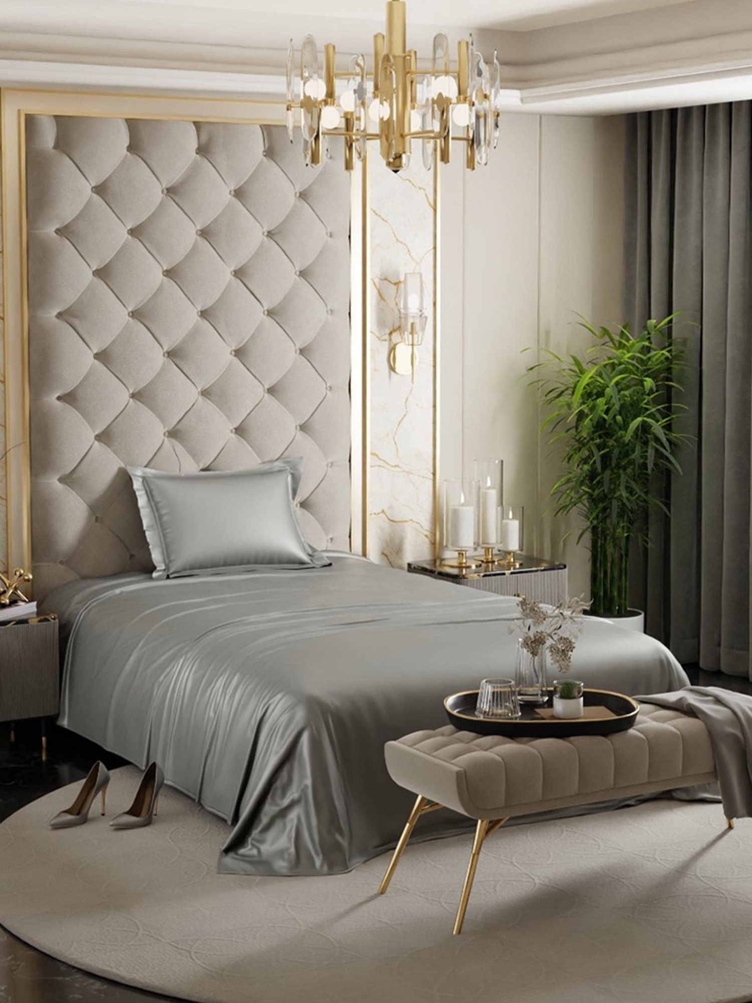 Stoa Paris Date Night Silver Polyester 300 TC Single Bedsheet with 1 Pillow Cover