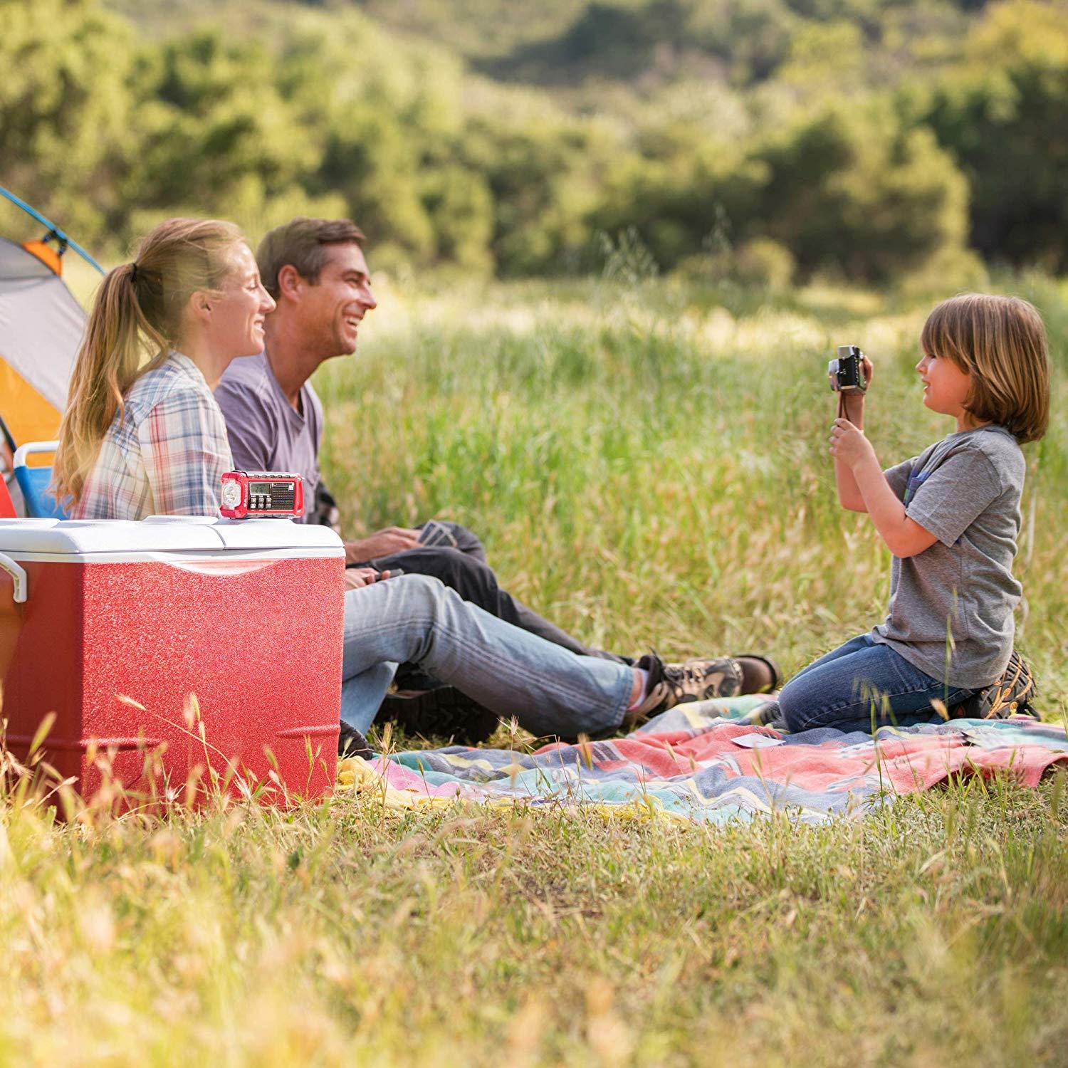 Midland - ER210, Emergency Compact Crank Weather AM/FM Radio - Multiple Power Sources, SOS Emergency Flashlight, NOAA Weather Scan + Alert, & Smartphone/Tablet Charger (Red/Black)