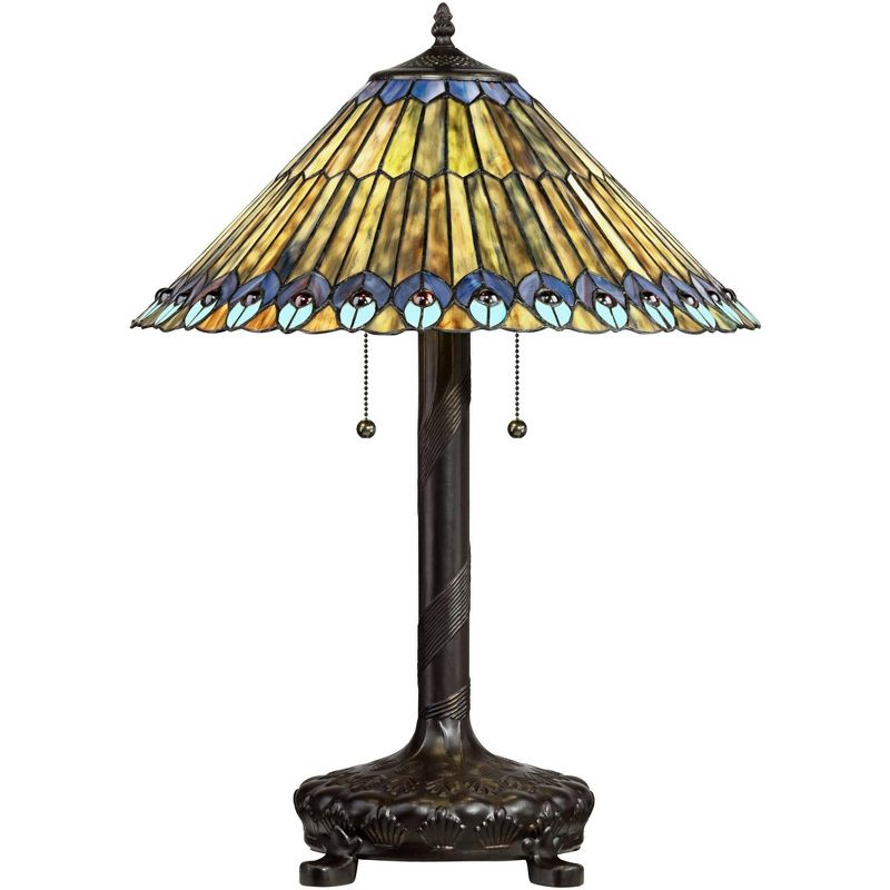 Robert Louis Tiffany Table Lamp Antique Bronze Tiffany Style Peacock Art Glass Shade for Living Room Family Bedroom Bedside Office