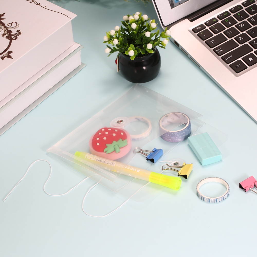 A6 Transparent File Document Bag Pouch Plastic Envelope Mini Storage Organizer with Button & String Tie Clouse for Home Office School Use