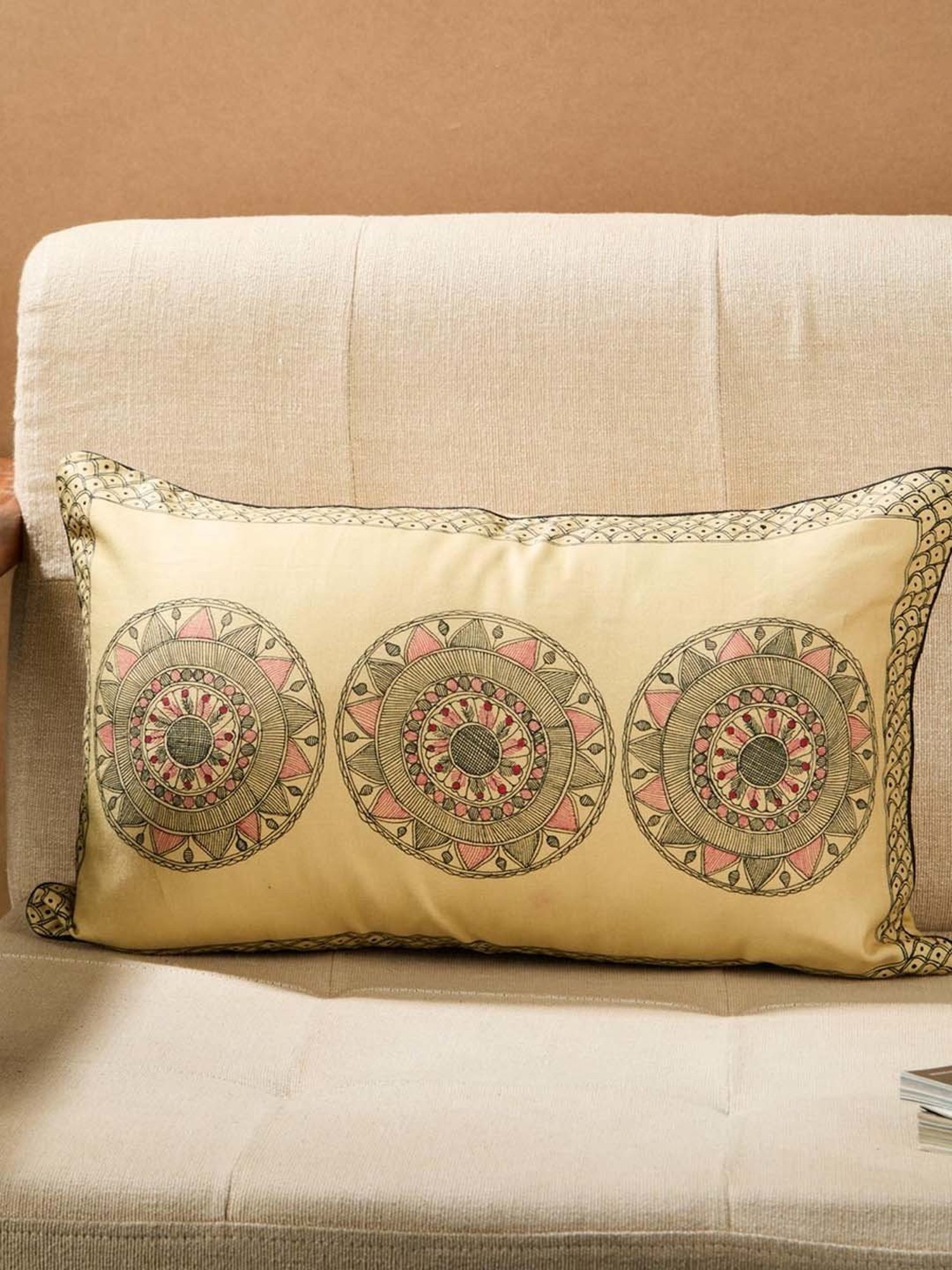 Fabindia Home Madhubani Beige & Black 110 GSM Viscose Silk Cushion Cover