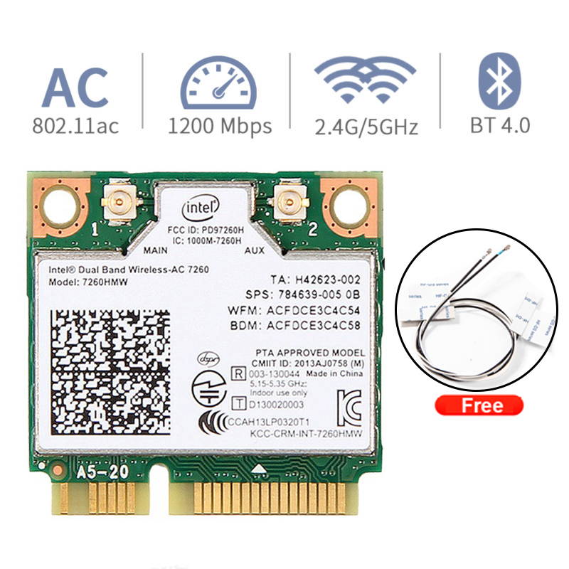 Dual Band AC1200 7260HMW 7260AC Wireless 2X2 Mini PCI-E Wi-Fi Network Card, Bluetooth 4.0, Up to 867Mbps (5Ghz) + 300Mbps (2.4Ghz), IEEE802.11ac/a/b/g/n, Windows 7/8/10 For Laptop PC