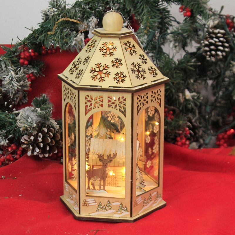 Christmas 11.5" Wood Cabin Deer Lantern Led Woodworks Dome Snowflakes  -  Decorative Figurines