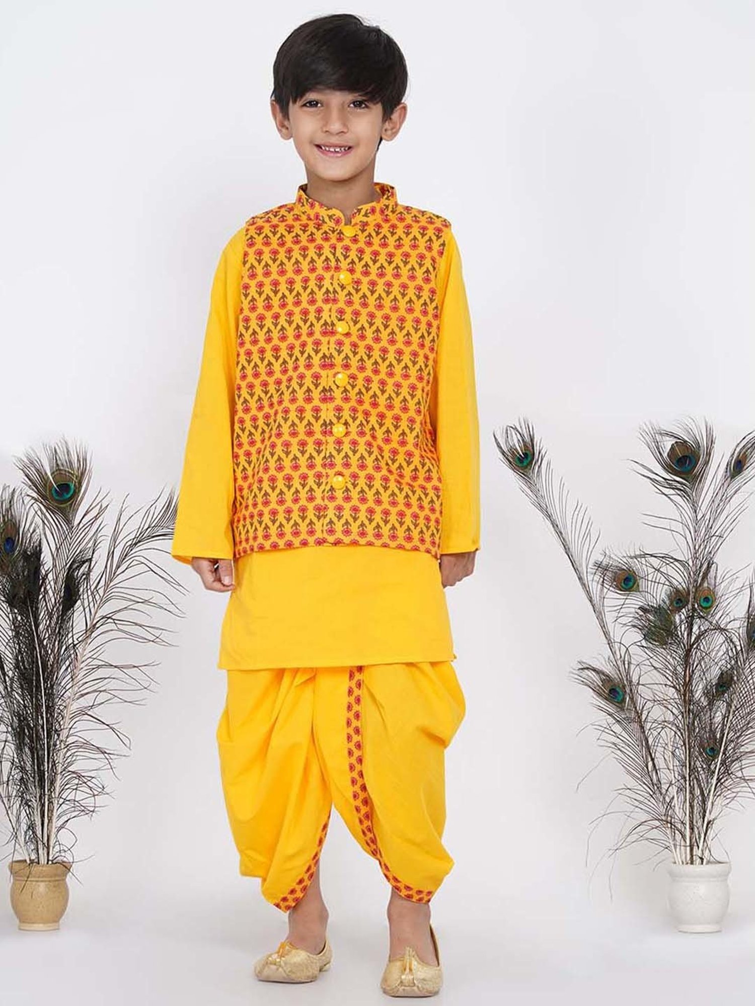 Little Bansi Kids Yellow & Pink Cotton Floral Print Full Sleeves Kurta Set