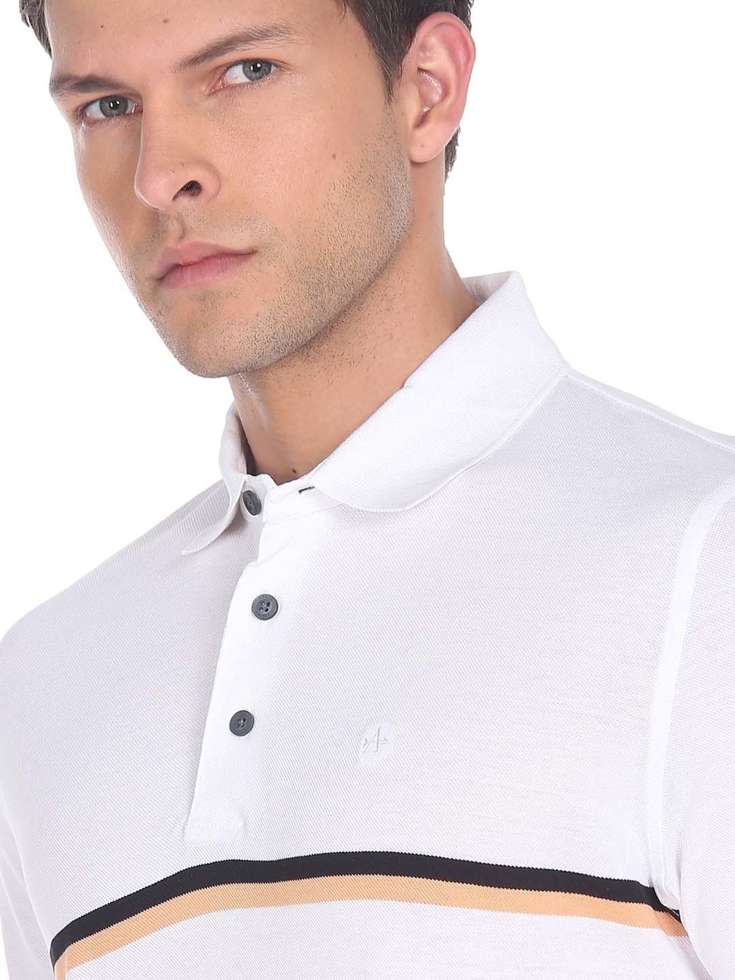 Arrow White Regular Fit Striped Cotton Polo T-Shirt