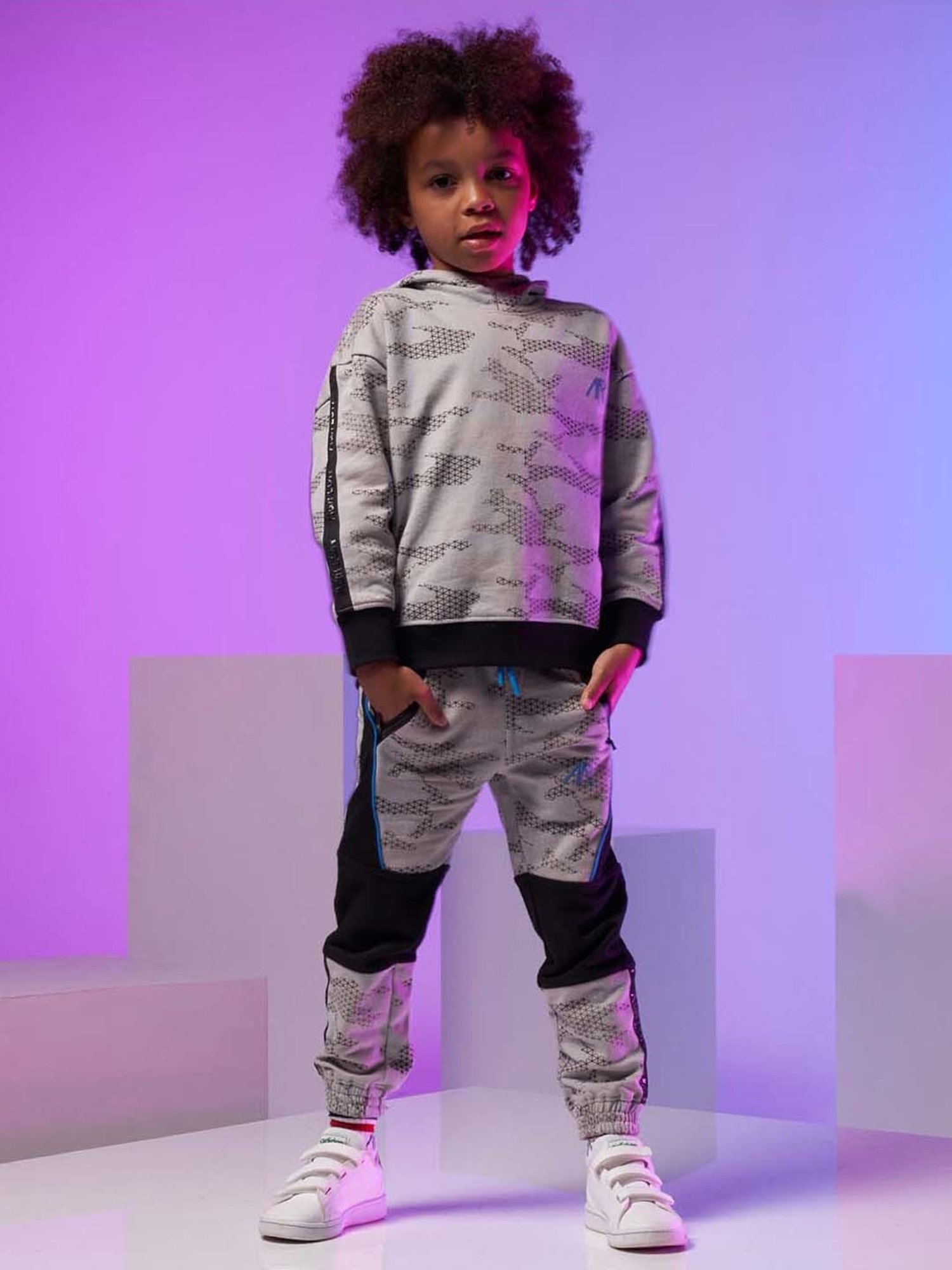 Angel & Rocket Kids Grey & Black Cotton Printed Full Sleeves Hoodie