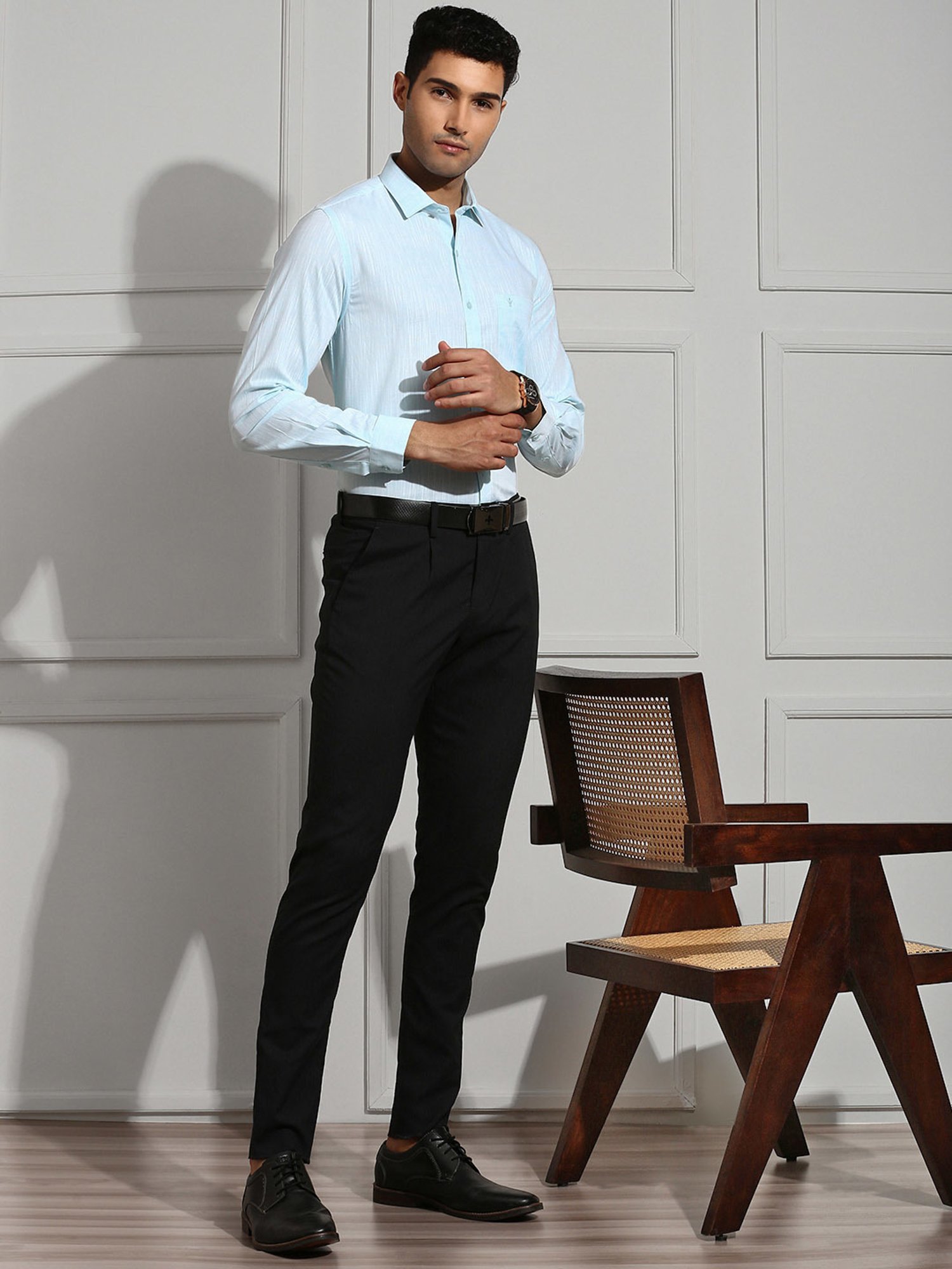 Ramraj Light Blue Regular Fit Textured Cotton Shirt