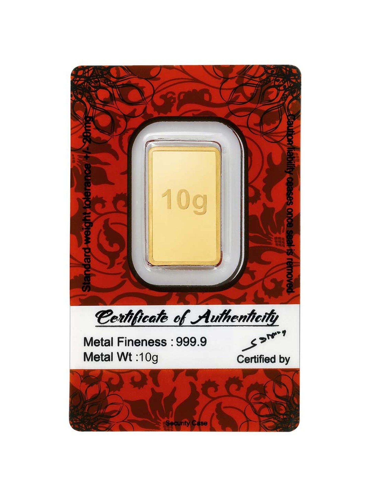 Bangalore Refinery 24k (999.9) 10gm Gold Bar