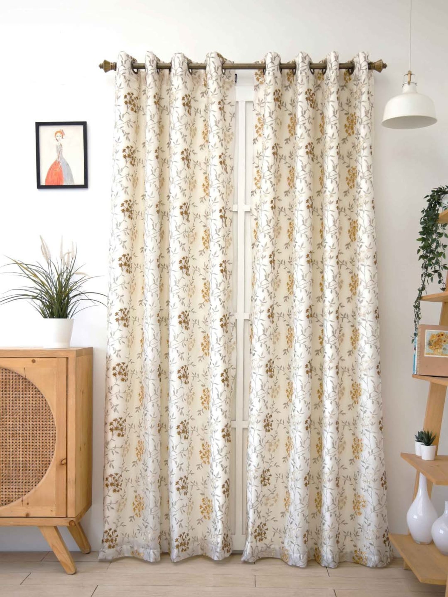Ariana Beige & Mustard Polyester 9 Ft Long Door Curtain - Single Piece
