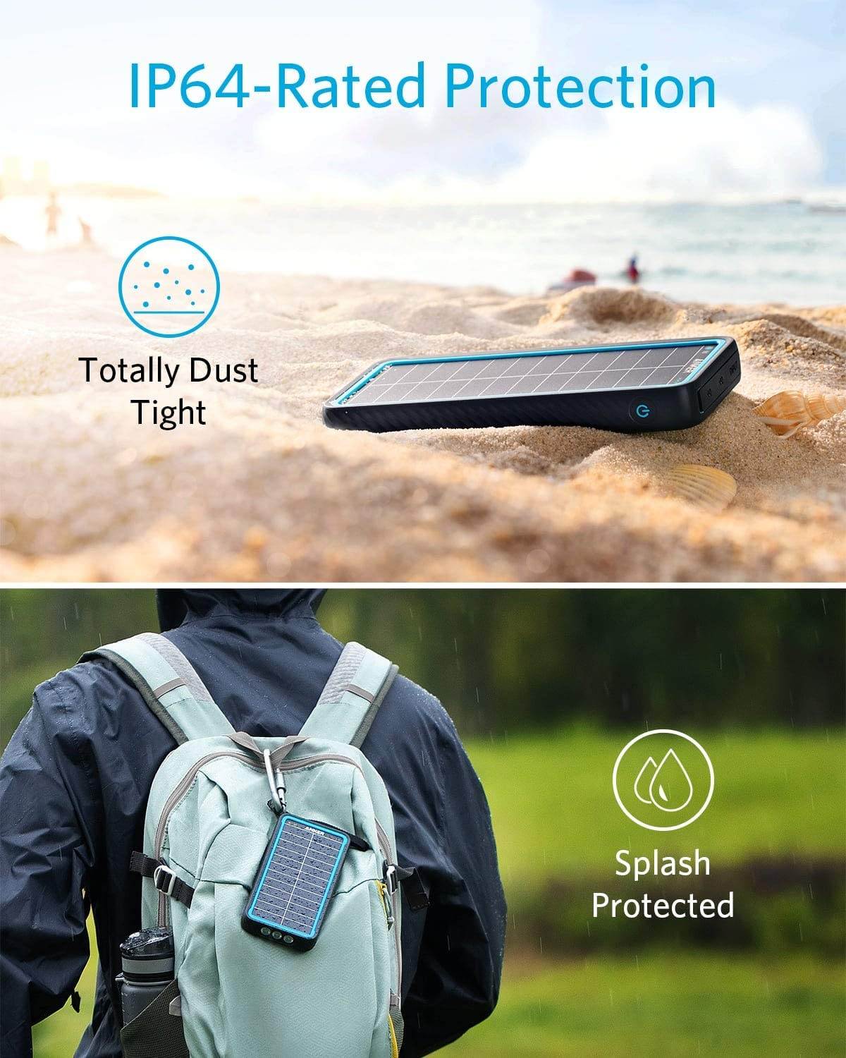 Anker Solar Power Bank, PowerCore Solar 10000 Dual-Port Solar Charger with Flashlight, IP64 Splashproof, Dustproof for Outdoor Activities, Compatible with Smartphones