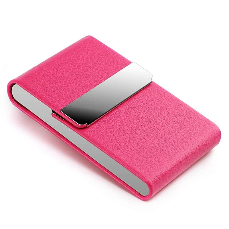 Leather Business Card Holder for Women Leather Stainless Steel Business Card Case with Magnetic Shut Rose Red