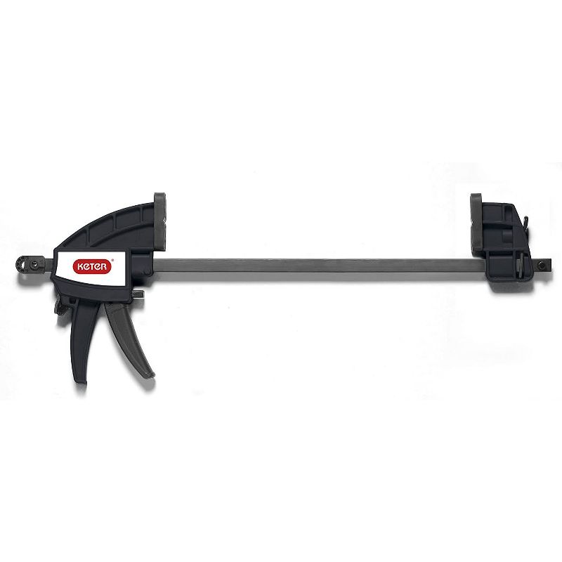 Keter 197283 Folding Portable Table Tool Stand Workbench with 2 12 Inch Wood Clamps for Miter Saws, Home Improvement, and Construction, Black & Yellow