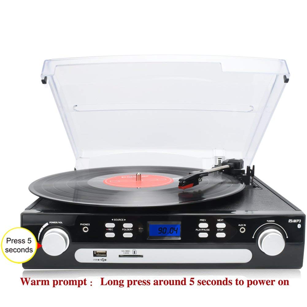 DIGITNOW Bluetooth Record Player with Stereo Speakers, Turntable for Vinyl to MP3 with Cassette Play, AM/FM Radio, Remote Control, USB/SD Encoding, 3.5mm Music Output Jack