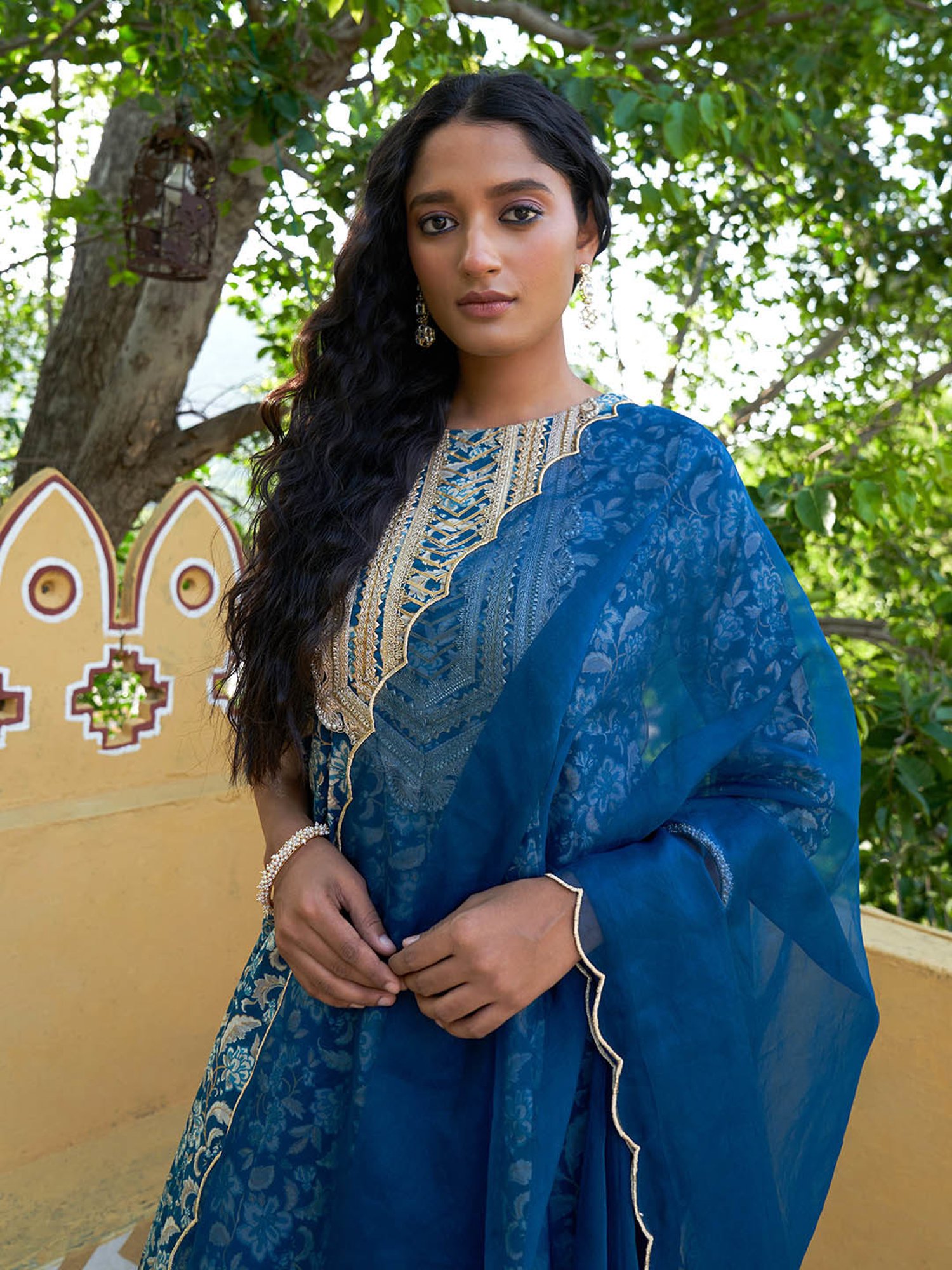 Janasya Teal Cotton Floral Print Kurta With Palazzo & Dupatta