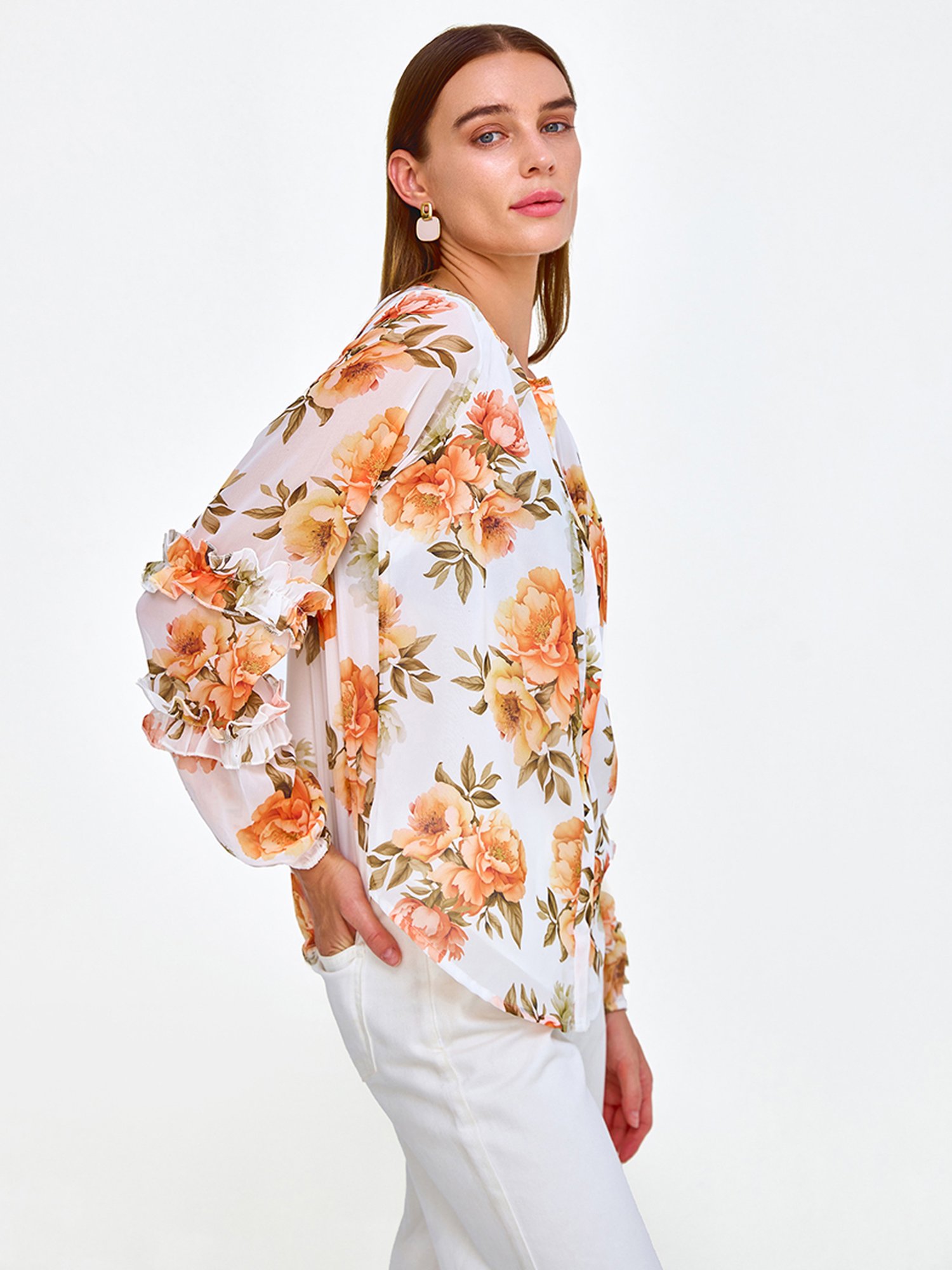 Cover Story Off White & Orange Floral Print Top