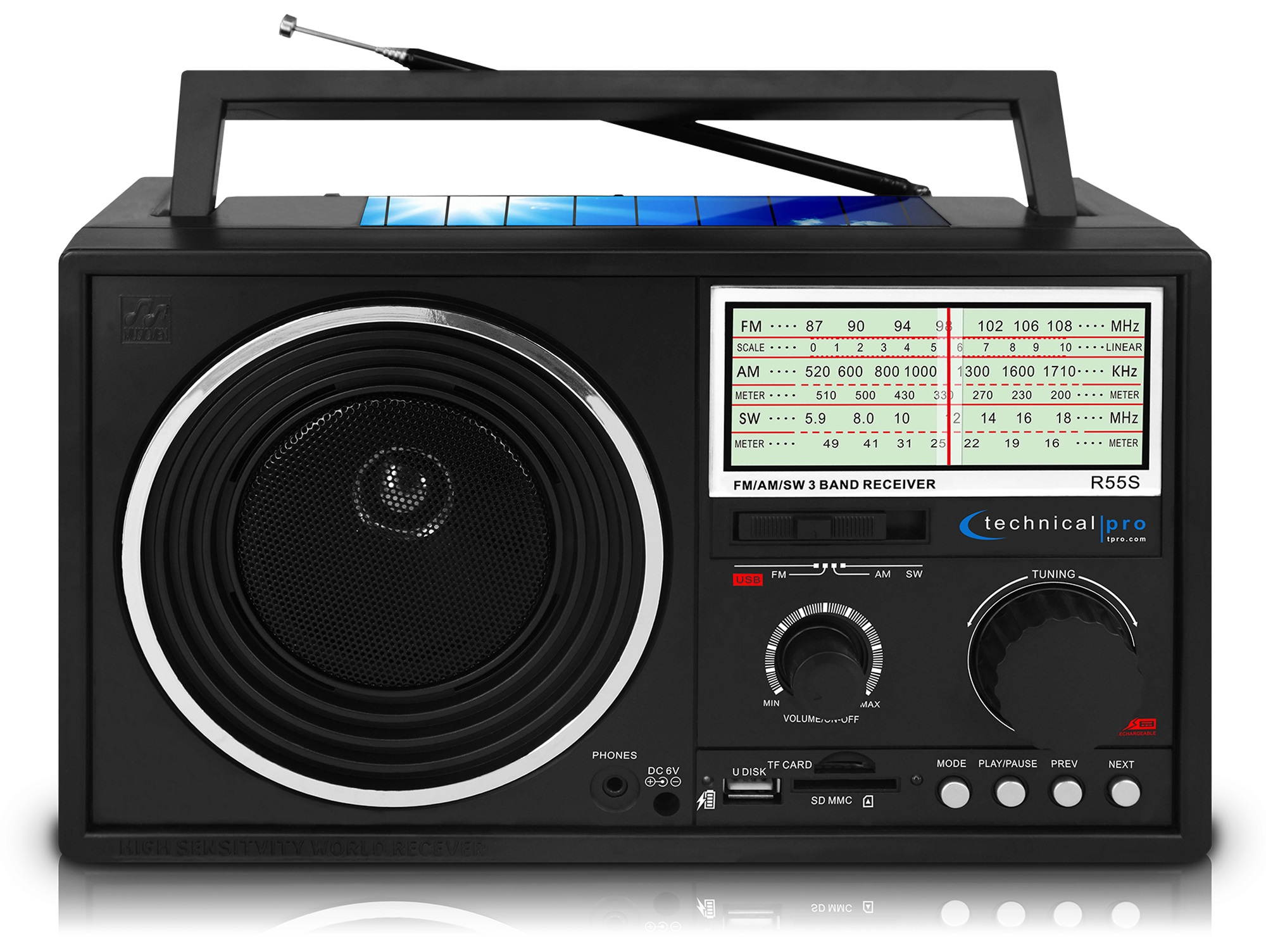 Technical Pro Portable Handheld Rechargeable Shortwave AM FM Dial Radio Speaker With USB SD Input, The Ultimate Solar Powered Radio For Anyone On The Go