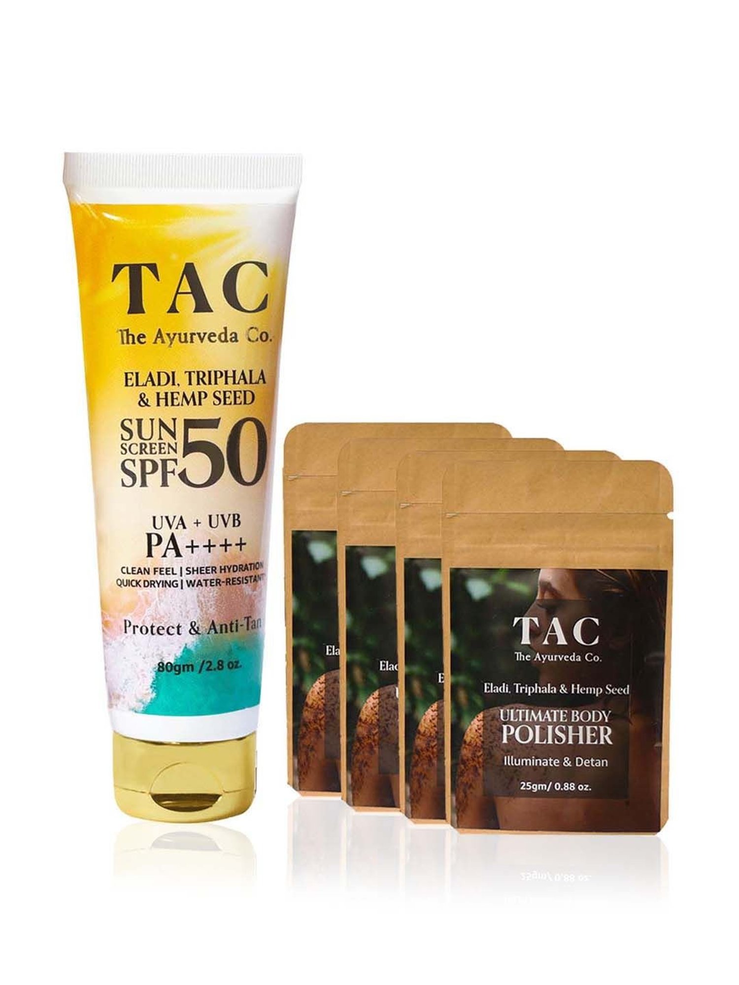 TAC- The Ayurveda Co. Eladi, Triphla & Hemp Seed Oil SPF 50 Sunscreen & Body Polisher Scrub