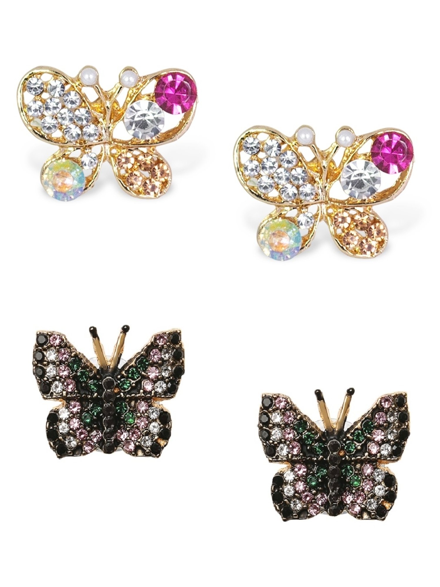 OOMPH Golden Tone Delicate Black & Pink Crystal Butterfly Small Stud Earrings for Women - Set of 2