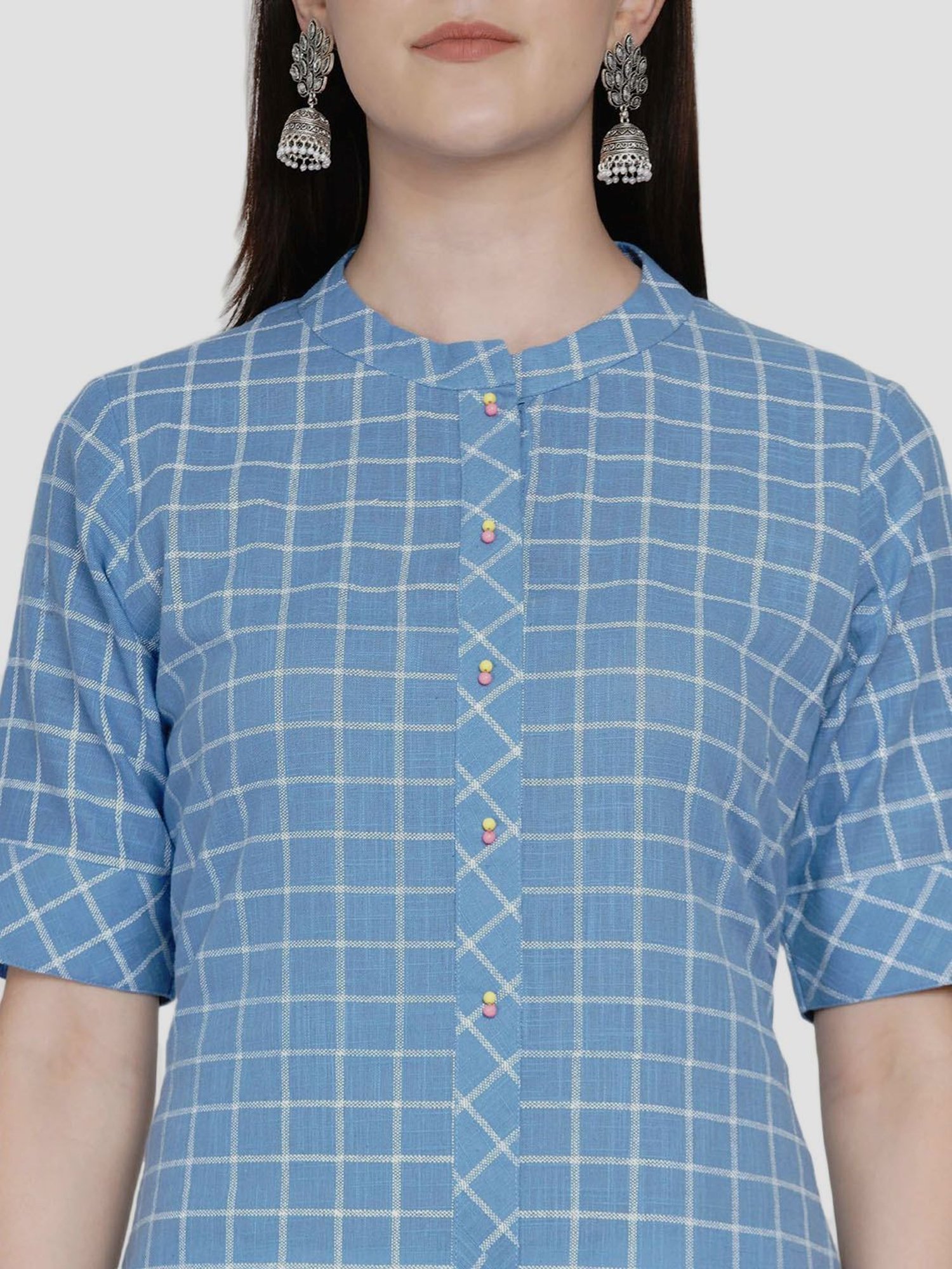 Women Republic Blue & White Cotton Chequered Kurta Pant Set