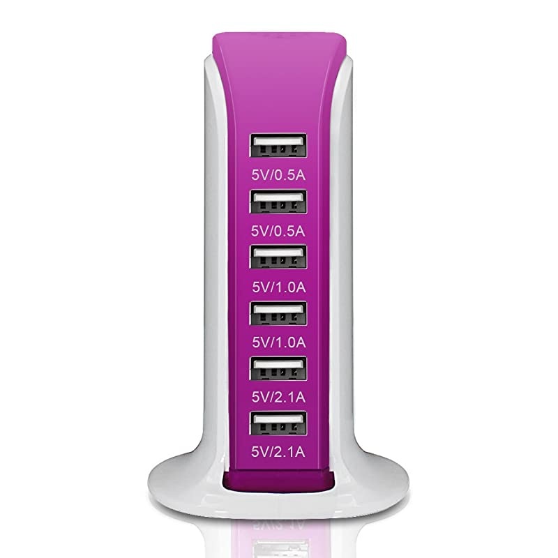 Tower Power Adapter 6-Port Smart IC Tech Charging Station with Quick Charge 2.1 for Phone, Tablets, and More (Rose Red)