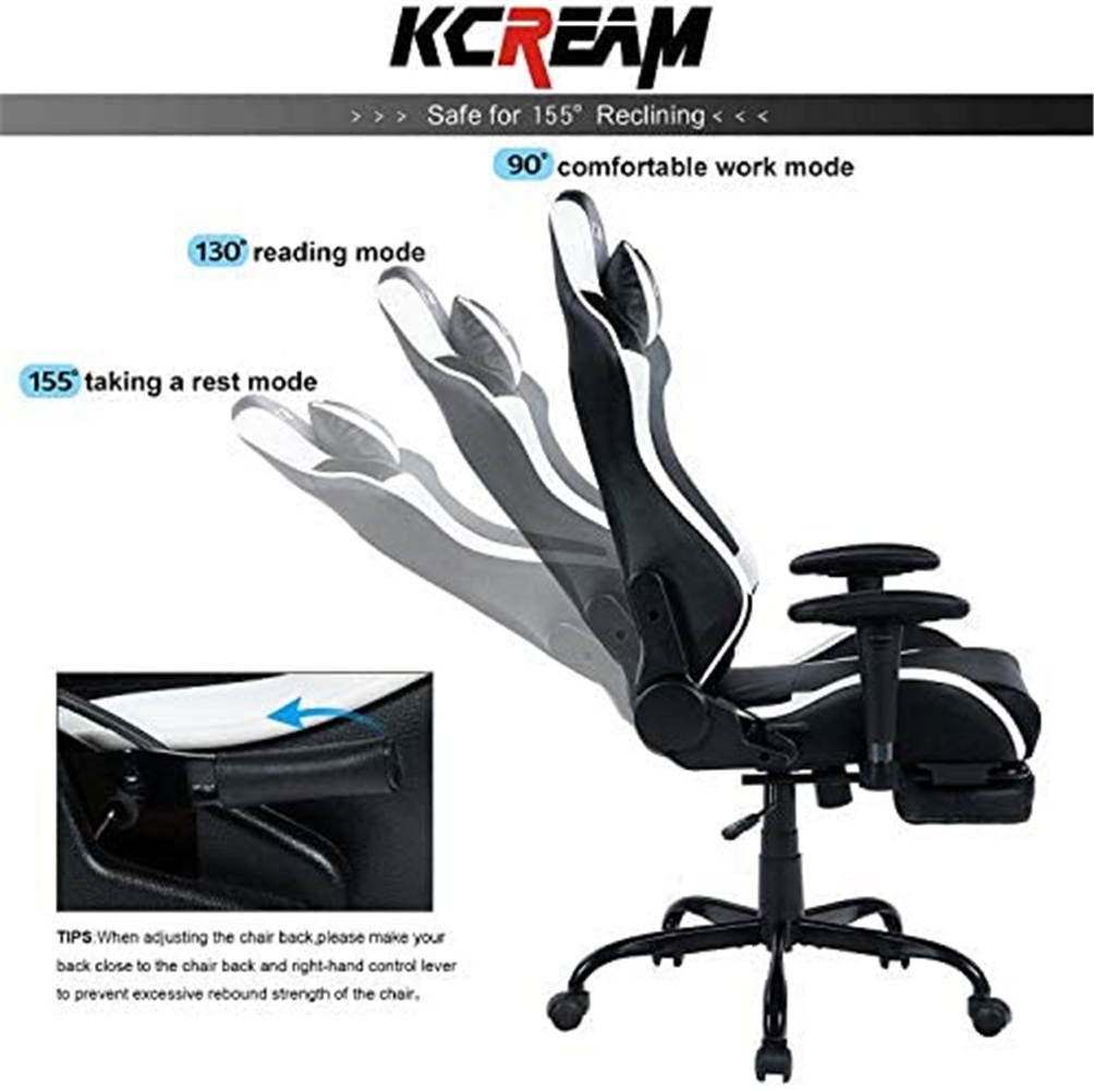 KCREAM PU Leather Swivel Chair Gaming Chair with Footrest Ergonomic Office Chair Headrest Lumbar Support Comfortable Large Size High Back Adjustable Reclining Computer Desk Chair