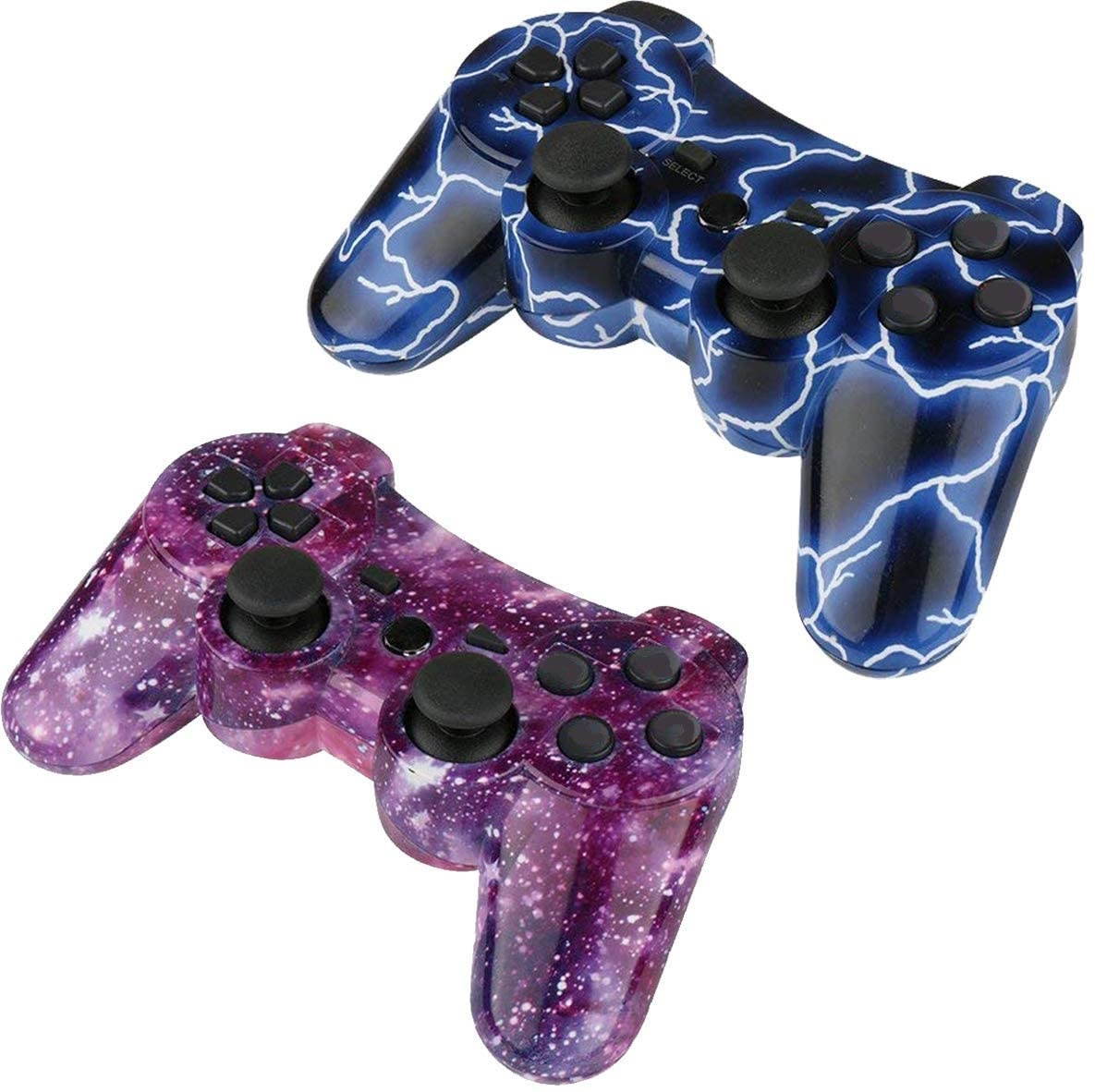 Controllers for PS3 Playstation 3 Dual Shock, Wireless Bluetooth Remote Joystick Gamepad for Six-axis with Charging Cable (Pack of 2, BlueFlash and StarrySky)