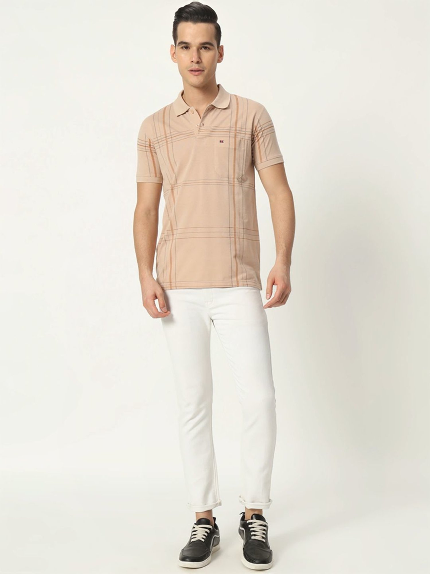 Tab91 Beige Regular Fit Checks Polo T-Shirts