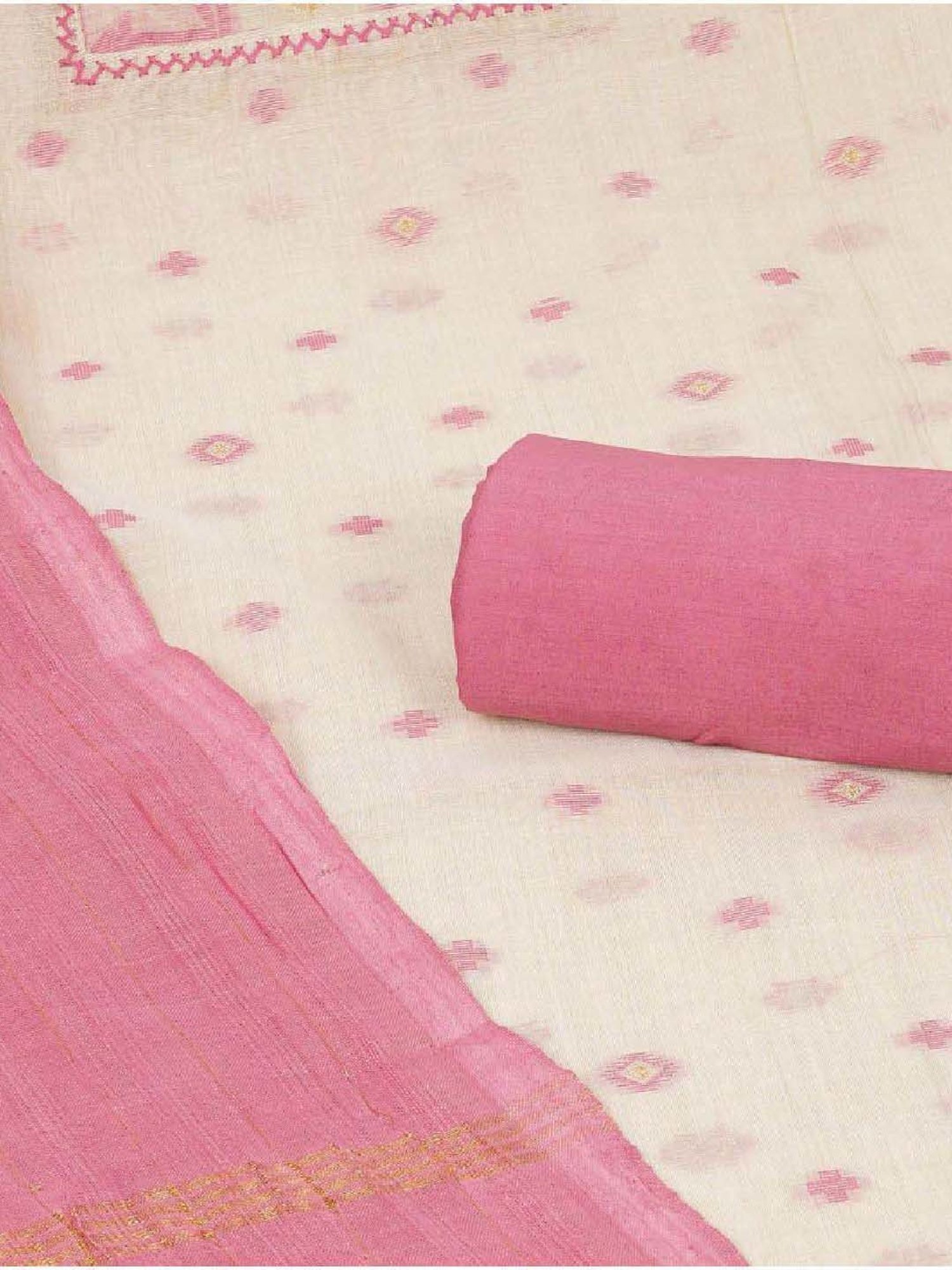 Kami Kubi White & Pink Embroidered Unstitched Dress Material