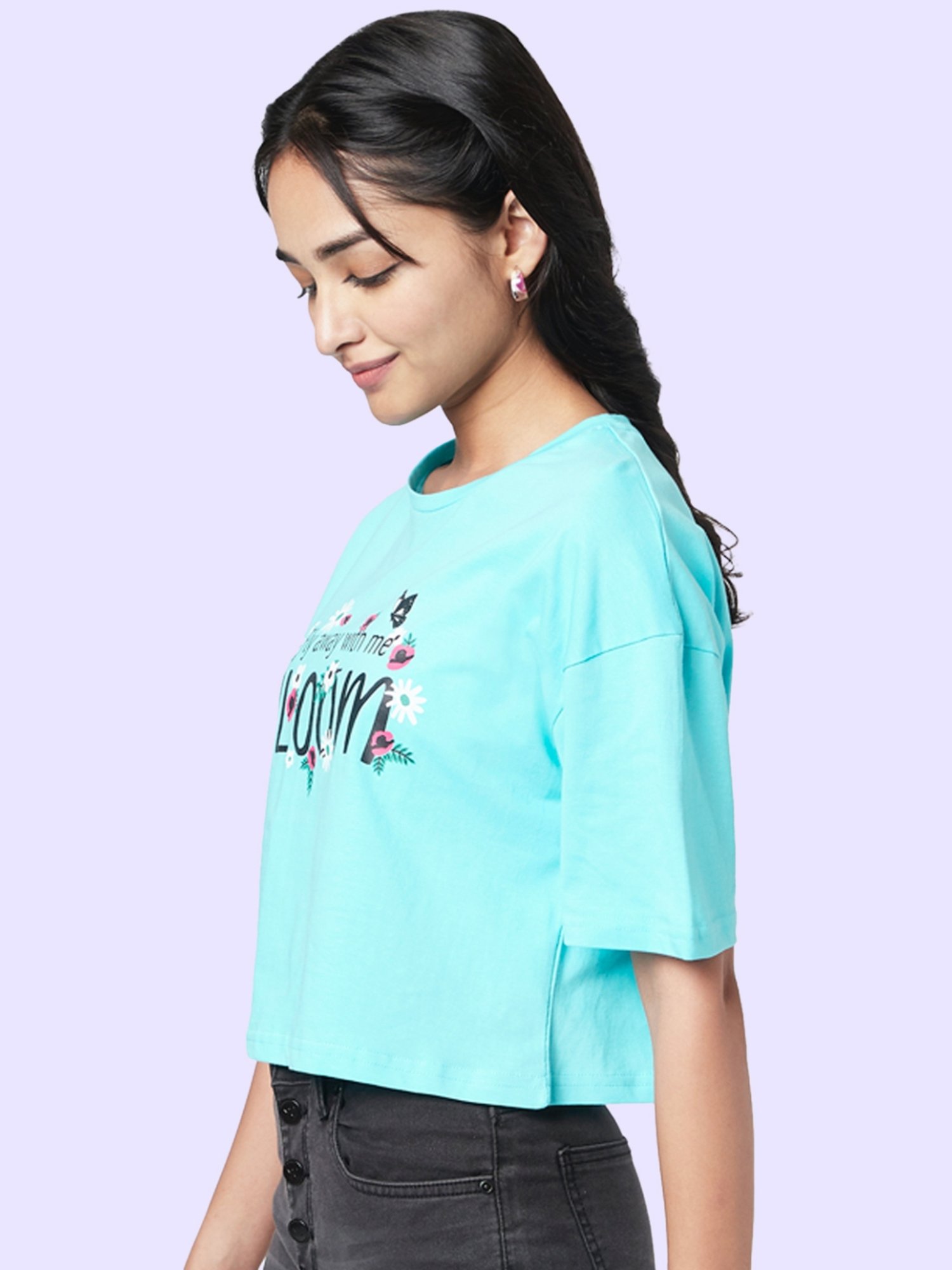 YU by Pantaloons Turquoise Cotton Graphic Print Top