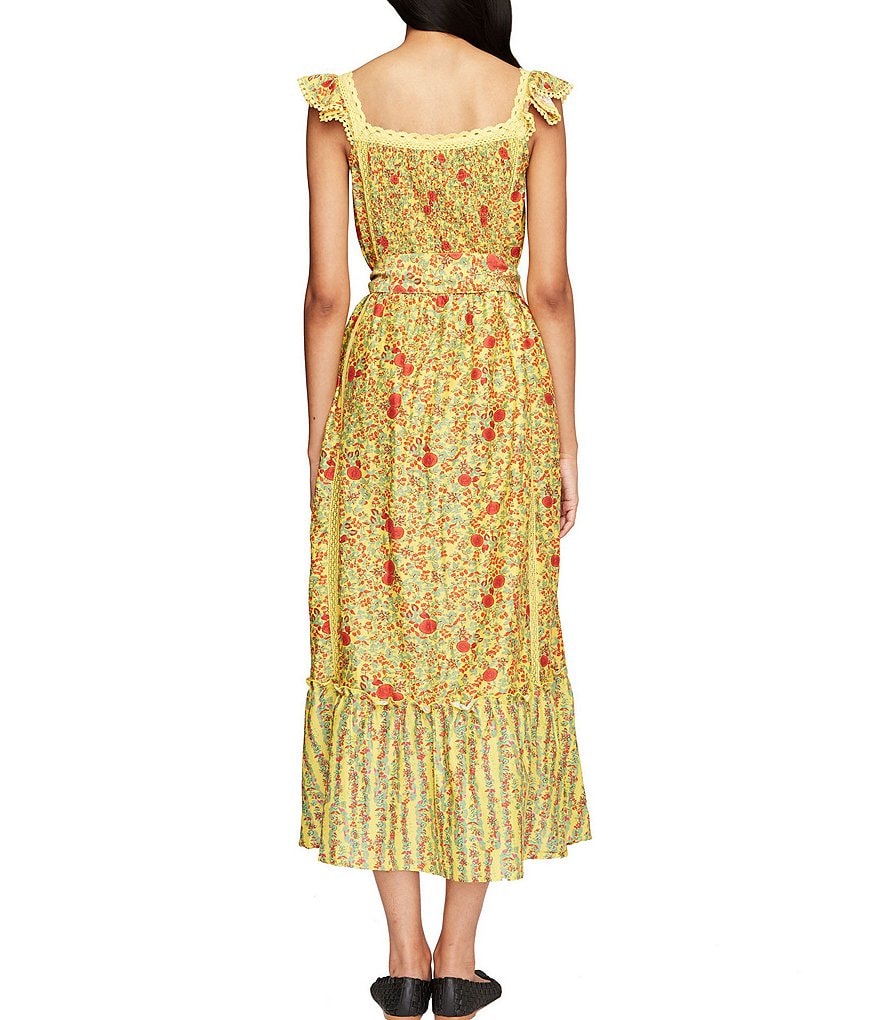 Roller Rabbit Ruffle Shoulder Cotton Voile Midi Square Neck Swing Dress