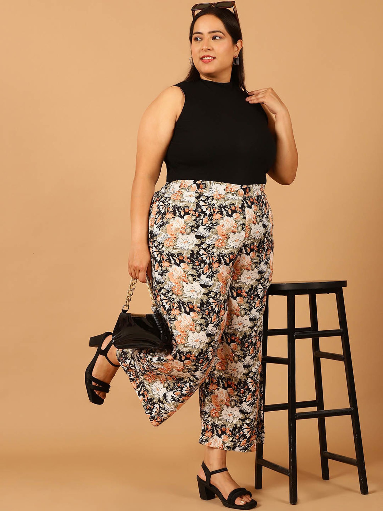 Moms Maternity Black & Orange Floral Print Regular Fit Mid Rise Plus Size Trousers