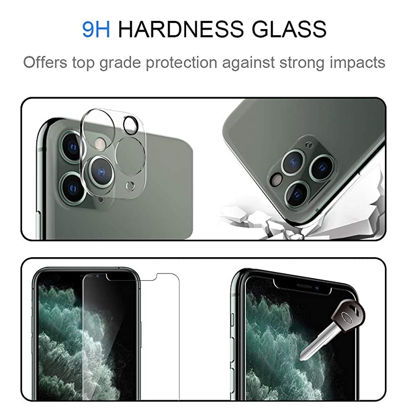 4 Pack  Tempered Glass for iPhone 11 Pro 58inch 2 Pack Tempered Glass Screen Protector + 2 Pack Tempered Glass Camera Lens Protector + 1 Easy Installation Frame