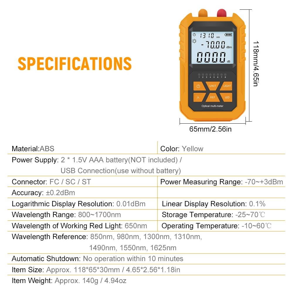 Handheld Optical Power Meter with 5km Red Light -70~+3dBm Optical Power Tester Network Cable Tester Digital Light Power Meter