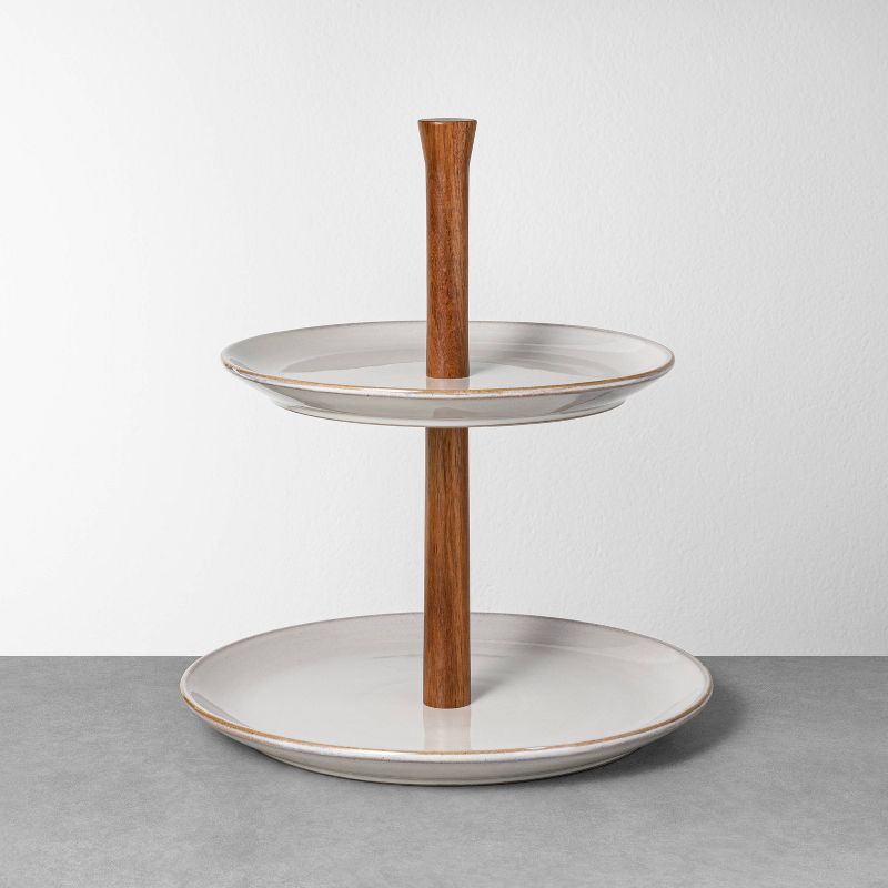 Glazed Round Ceramic & Wood Tiered Serve Stand Gray - Hearth & Hand™ with Magnolia